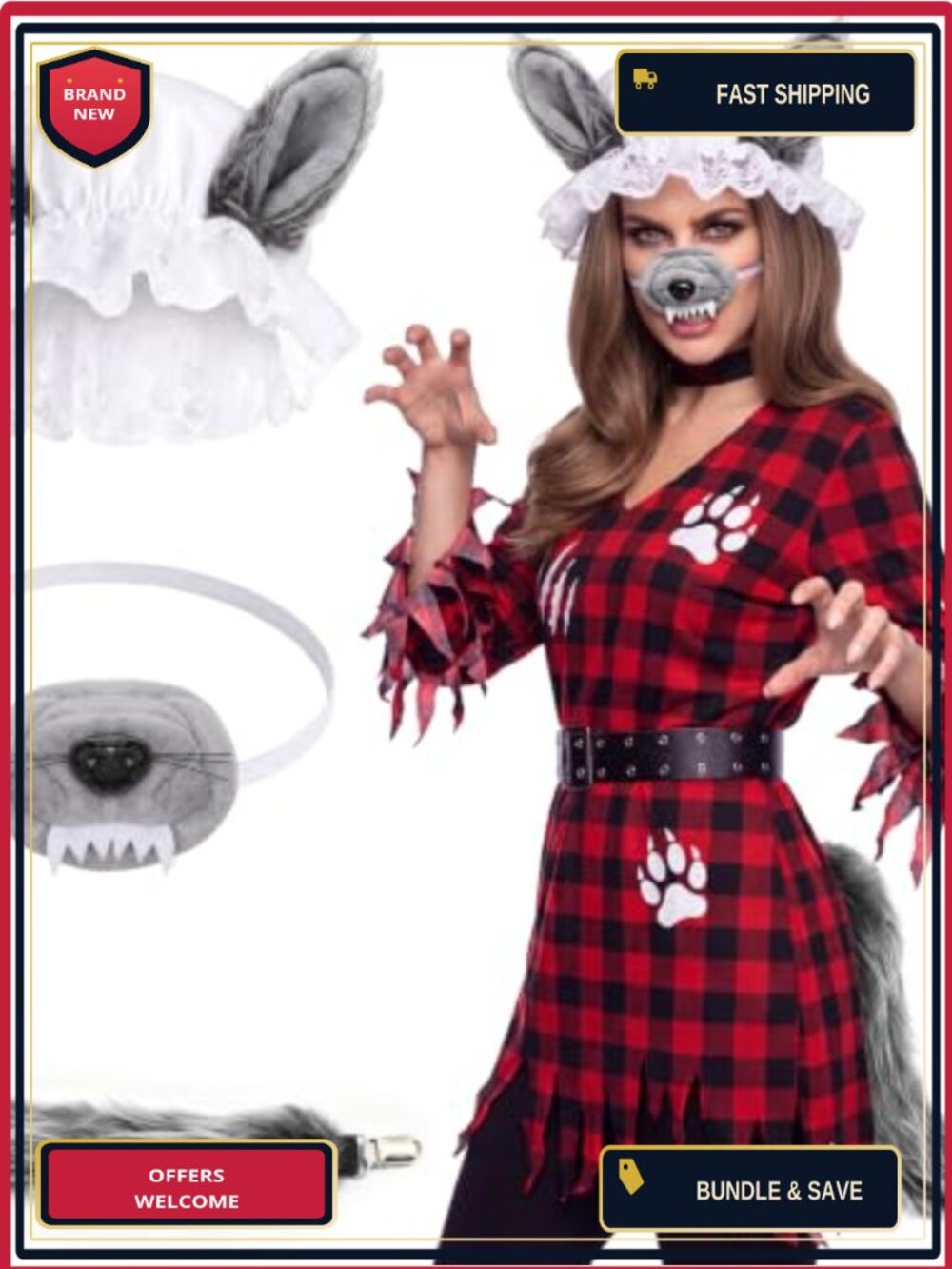 Big Bad Wolf Costume Set Wolf Hat Ears Nose Tail Halloween Cosplay